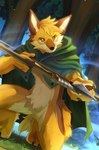 anthro arrow_(weapon) blonde_hair bow_(weapon) brown_body brown_fur cape clothing featureless_crotch front_view fur green_cape green_clothing hair holding_arrow holding_bow_(weapon) holding_object holding_ranged_weapon holding_weapon male mouth_closed orange_eyes plant ranged_weapon solo standing tree weapon white_body white_fur yellow_body yellow_fur kuttoyaki ley_(leey) canid canine canis dingo fox hybrid mammal hi_res