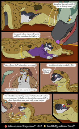 almost_fully_inside anthro anthro_prey barely_inside beak blue_eyes bodily_fluids body_in_mouth braided_hair brown_body brown_fur brown_hair clothed clothing dialogue drooling eyelashes feet_first female female_pred feral feral_pred foot_in_mouth fur furaffinity_logo green_body grey_body grey_fur hair hands_on_ground head_in_mouth hoodie jewelry lying male male/female male_prey necklace on_front oral_vore orange_eyes page_number partially_inside patreon_logo pecs purple_eyes red_eyes saliva saliva_on_clothing saliva_on_foot scales size_difference soft_vore speech_bubble striped_body striped_fur stripes text third_person_dialogue topwear vore yellow_body yellow_scales rimentus furaffinity mythology patreon emeralyn_(rimentus) kharl_(rimentus) ollivander_(rimentus) vess_(rimentus) anaconda avian boa_(snake) boinae canid canine canis felid gryphon mammal mythological_avian mythological_creature pantherine reptile scalie snake werecreature werefelid werepantherine weretiger wolf comic english_text hi_res multiple_scenes url