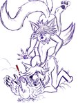 ambiguous_gender anthro collar duo female fur hunting insane male male/female outline pray protective rune text tired farfener links the_auroran_archives azee_(links) luke_(links) shiyan_(links) canid canine canis coyote mammal wolf 2023 3:4 absurd_res colored hi_res sketch sibling_(lore) sister_(lore)