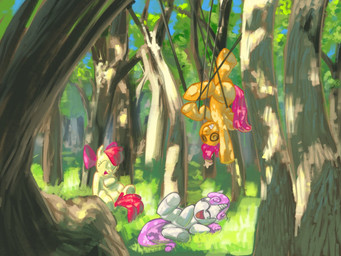 caught_in_the_act detailed_background feathered_wings feathers female feral forest group hair horn long_hair multicolored_hair nature orange_body orange_feathers outside plant purple_hair quadruped red_hair short_hair smile tail tree two_tone_hair wings wood young young_feral javkiller friendship_is_magic hasbro my_little_pony mythology apple_bloom_(mlp) cutie_mark_crusaders_(mlp) scootaloo_(mlp) sweetie_belle_(mlp) earth_pony equid equine horse mammal mythological_creature mythological_equine pegasus pony unicorn 4:3 source_request