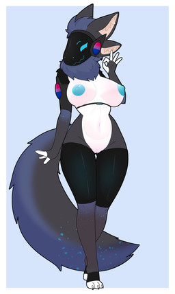 5_fingers anthro belly big_tail bisexual_pride_colors blue_nipples breasts female fingers fur genitals grey_body grey_fur lgbt_pride machine navel nipples pride_colors screen screen_face simple_background smile solo standing tail vulva white_belly white_body white_fur mandoy aurora_nv mamagen protogen absurd_res hi_res