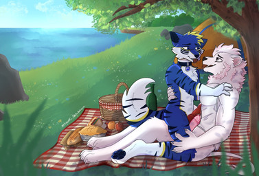 albino_lion anthro bodily_fluids cuddling duo frottage genital_fluids genitals grass knot knotted_penis lake looking_at_another male male/male penile penis penises_touching picnic plant precum sex tongue tongue_out tree artywolf bluefiger fizzel canid canine canis felid feline felis lion mammal pantherine wolf hi_res
