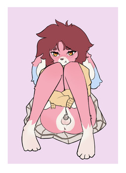 anthro anus arms_around_legs balls blush blush_lines border bottomwear butt chastity_cage chastity_device clothed clothing crossdressing embarrassed femboy flat_chastity_cage floppy_ears fur genitals knees_pulled_up knock-kneed lop_ears male no_underwear pink_body pink_fur pouting pouty sitting skirt solo sweater topwear white_border luckesha remmy_(remybunny) lagomorph leporid mammal rabbit absurd_res hi_res trans_(lore) trans_woman_(lore)