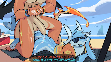 aloha_shirt anthro arm_support balls beach black_wings bodily_fluids bottomless bracelet clothed clothing cloud cloudy_sky color_coded_text cooler day dialogue digit_ring duo erection eyewear finger_ring foot_on_leg foreskin genital_fluids genitals glass hands_together humanoid_genitalia humanoid_penis jewelry kneeling leaking_precum leaning_on_elbow long_penis lube lying male male/male nude on_front partially_clothed pattern_clothing pattern_shirt pattern_topwear pecs penis precum rubbing_hands sea shirt sky sunbathing sunglasses tail text topwear water wings jaybeyyy mythology aldrake_(jaybeyyy) blou_(jaybeyyy) aquatic aquatic_dragon dragon mythological_creature mythological_scalie scalie 16:9 2025 digital_media_(artwork) english_text url widescreen