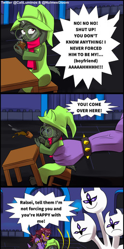 anthro beverage black_body black_fur clothed clothing coffee dialogue female fur male ship text vehicle watercraft caliluminos deltarune undertale_(series) clover_(deltarune) ralsei susie_(deltarune) bovid caprine darkner dinosaur goat mammal monster prehistoric_species reptile scalie 2023 absurd_res digital_media_(artwork) english_text hi_res