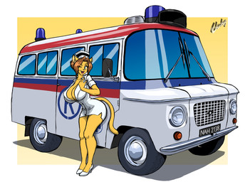 ambulance anthro bottomwear breasts brown_hair buckle car clothing ears_down eyebrows female footwear fur green_eyes hair hat headgear headwear high_heels nurse nurse_clothing nurse_hat nurse_headwear nurse_uniform open_mouth pivoted_ears poland polish_people's_republic shoes skirt smile smiling_at_viewer solo tail teeth teeth_showing tongue uniform vehicle wearing_hat yellow_body yellow_fur chisheq fsc_nysa zofia_(chisheq) domestic_cat felid feline felis mammal hi_res