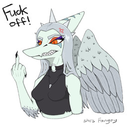 angry anthro black_clothing black_crop_top black_shirt black_topwear bone bone_frill breasts choker claws clenched_teeth clothed clothed_anthro clothed_female clothing collar crop_top cross-popping_vein dialogue elbow_feathers eyelashes feathered_wings feathers female female_anthro finger_claws fingers frill_(anatomy) front_view gesture grey_body grey_feathers grey_hair hair hand_gesture humanoid_hands jewelry long_eyelashes long_hair markings medium_breasts middle_finger narrowed_eyes necklace non-mammal_breasts o-ring open_mouth orange_eyes profanity shirt simple_background skull solo spiked_collar spikes striped_markings stripes talking_to_viewer teeth text topwear white_background wings lorikani goodbye_volcano_high ko_op_(game_developer) fang_(gvh) prehistoric_species pterosaur reptile scalie 1:1 2026 digital_media_(artwork) english_text hi_res