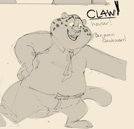 anthro belt bottomwear clothed clothing exclamation_point fangs fur gesture hand_on_hip hand_on_own_hip handshake looking_at_another male markings necktie obese obese_anthro obese_male overweight overweight_anthro overweight_male pants pose sharp_teeth shirt smile solo spots spotted_body spotted_fur standing tail teeth text topwear sushiamazing disney zootopia benjamin_clawhauser cheetah felid feline mammal 2025 digital_media_(artwork) monochrome sketch