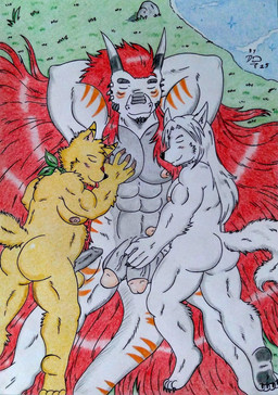 2_horns 2_penises 4_toes abs anthro areola balls barazoku biceps big_muscles big_pecs big_penis black_nose black_penis brown_areola brown_nipples butt erection eyes_closed feet fluffy fluffy_tail foreskin fur genitals glans grass green_kerchief green_neckerchief group hair hands_behind_head horn humanoid_genitalia humanoid_penis kerchief long_hair lying male male/male manly multi_genitalia multi_penis musclegut muscular muscular_anthro muscular_arms muscular_male neckerchief neckwear nipples nude obliques on_back outside pawpads pecs penis pink_glans pink_nipples plant red_hair sleeping sleeping_together tail thick_penis thick_tail toes tongue tongue_out touching_chest touching_pecs trio vein veiny_penis white_body white_fur white_hair yellow_body yellow_fur dashthefox mythology bruno_o_donnell dashfox rowseradimus canid canine canis dragon fox mammal mythological_creature mythological_scalie scalie wolf 2025 colored_pencil_(artwork) hi_res traditional_media_(artwork)