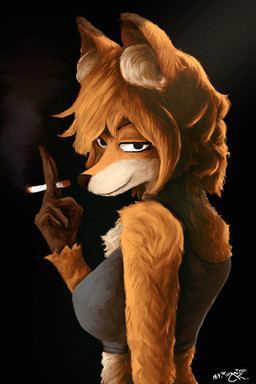 anthro black_background cigarette cigarette_in_hand cigarette_smoke female looking_at_viewer simple_background smile smiling_at_viewer smirk smirking_at_viewer smoke solo mr.foxman hibiscus_(hhonchkrow234) canid canine fox mammal 2:3 hi_res