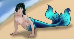 beach black_hair blue_eyes breasts cleavage clothed clothing curls female fin fish_tail hair looking_at_viewer outside seaside solo split_form water until_i_scream animal_humanoid fish fish_humanoid humanoid marine marine_humanoid merfolk full-length_portrait portrait