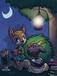 anthro black_body black_eyes black_fur book brown_body brown_fur building clothed clothing container crescent_moon cup dress duo female flower fully_clothed fur glowing horn lamp moon night open_mouth plant saucer shrub sky star starry_sky tan_body tan_fur tea_cup tree tree_stump tulip_(flower) sankam animal_crossing nintendo fauna_(animal_crossing) nan_(animal_crossing) bovid caprine deer goat mammal 2020