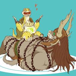 angry anthro biped bottomwear bound chain chained clothing cuff_(restraint) duo eyes_closed fantasy green_body hands_behind_back hat headgear headwear heart_symbol horn kemono male overweight overweight_male restrained restraints shackles sitting submissive submissive_male pla0net5lai8ka dreamworks kung_fu_panda kai_the_collector master_oogway bovid bovine mammal reptile scalie turtle 2020