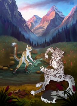 anthro creek duo dusk female fur grass male male/female mountain mountain_range nude nude_anthro nude_female nude_male plant sky splashing_water tail tree water white_body white_fur geaidu lumy rikki_(purrma) cougar felid feline mammal pantherine snow_leopard 2025 absurd_res digital_media_(artwork) hi_res