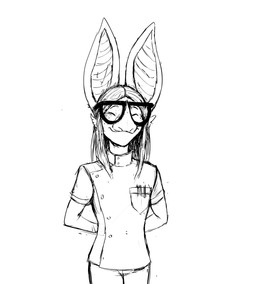 anthro eyes_closed eyewear female glasses hands_behind_back scientist smile solo hladilnik buffy_(hladilnik) bat leaf-nosed_bat mammal microbat vampire_bat yangochiropteran 2024 black_and_white hi_res monochrome