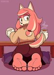 5_toes anthro beverage bottomwear butt clothing container cup feet female foot_focus fur furniture holding_container holding_cup holding_mug holding_object humanoid_feet kneeling long_skirt looking_at_viewer looking_back mature_anthro mug pillow pink_body pink_fur plantigrade rear_view skirt soles solo sweater table tea teapot toes topwear ricowolfdog sega sonic_the_hedgehog_(series) the_murder_of_sonic_the_hedgehog conductor's_wife_(sonic) akita canid canine canis domestic_dog mammal spitz 2025 hi_res