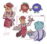 anthro apron biped blue_body bottomwear clothing duo food fruit fruit_costume hand_holding mas mask one_eye_closed pants plant shirt text topwear spuuuns unicorn_wars azulin_(unicorn_wars) cabo_pompon_(unicorn_wars) bear mammal 2023 hi_res spanish_text translation_request