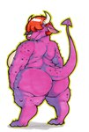 anthro big_breasts big_butt black_lipstick breasts butt digitigrade ears_down female genitals hair hair_over_eyes horn huge_breasts huge_butt lipstick looking_at_viewer looking_back looking_back_at_viewer makeup nude orange_hair pivoted_ears purple_body purple_scales pussy rear_view scales short_hair simple_background smile solo spade_tail tail white_background white_body white_horn white_scales thespanker_(artist) dragon_quest square_enix archdemon demon hi_res