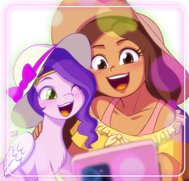 brown_eyes brown_hair cellphone clothing duo electronics female feral fur green_eyes hair hat hat_bow headgear headwear long_hair mane one_eye_closed phone pink_body pink_fur purple_mane sun_hat tan_body tan_skin wings uotapo disney hailey's_on_it! hasbro mlp_g5 my_little_pony mythology kristine_sanchez pipp_petals_(mlp) equid equine human mammal mythological_creature mythological_equine pegasus 2024 crossover