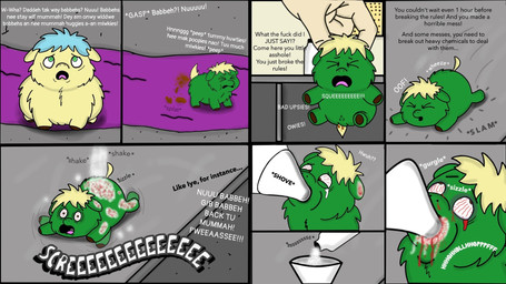 >_< abuse ambiguous_feral ambiguous_gender ambiguous_human animal_abuse blonde_hair blood blood_from_eye bloodshot_eyes blue_hair bodily_fluids brown_eyes burning death dying eye_roll eyes_closed feces feral force_feeding forced fur gore green_body green_eyes green_fur grotesque_death hair killing lifting_another light_body light_skin looking_up_at_another lying male male_feral mostly_offscreen_character on_front pain pained_expression poison pooping profanity punishment screaming suffering tail text toony torture worried yellow_body yellow_fur yellow_tail young young_feral young_male roadkill_(fc) fluffy_pony fluffy_pony_(species) human mammal 16:9 2025 broken_english comic digital_drawing_(artwork) digital_media_(artwork) english_text hi_res widescreen