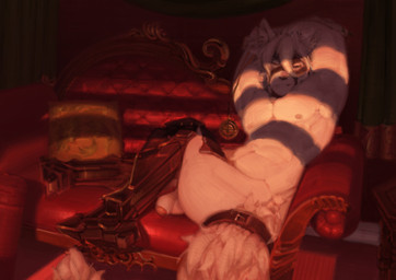 anthro balls belt cybernetic_leg cybernetic_limb fur furniture genitals hair harness humanoid_genitalia humanoid_penis leather leather_harness looking_at_viewer male muscular muscular_anthro muscular_male nude on_sofa penis red_eyes sitting sitting_on_sofa sofa solo tail white_body white_fur ffictionad mihoyo zenless_zone_zero von_lycaon canid canine canis mammal wolf 2024 absurd_res hi_res