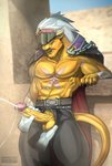 abs anthro ball_fondling ball_grab balls belt biceps bodily_fluids bottomwear claws clothed clothing coat_cape cum cumshot disembodied_hand duo ejaculation erection eyes_closed fondling foreskin fur genital_fluids genitals handjob humanoid_genitalia humanoid_penis male muscular muscular_anthro muscular_male open_bottomwear open_clothing open_pants pants partially_clothed pecs penile penis penis_poking_out penis_through_fly retracted_foreskin scar sex solo_focus standing tail teeth text vein veiny_penis todex bandai_namco digimon bancholeomon digimon_(species) felid mammal 2019 absurd_res colored digital_media_(artwork) english_text hi_res shaded url watermark