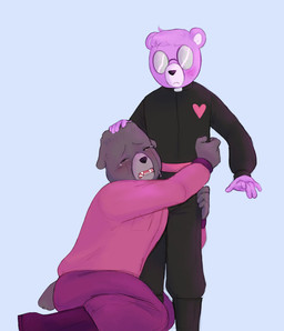 anthro biped bodily_fluids bottomwear clothing crying duo eyes_closed eyewear glasses heart_symbol hug humanoid_hands pants pink_body shirt tears topwear abbytabby5 abbytabbys unicorn_wars padre_(unicorn_wars) sargento_caricias bear mammal 2023 hi_res