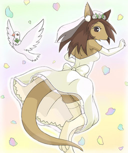 armwear beak brown_hair cere_(anatomy) clothing dress elbow_gloves female gloves hair handwear legwear looking_back ribbons solo stockings tail wedding_dress wind snakehunter avian bird columbid dove kangaroo macropod mammal marsupial 5:6