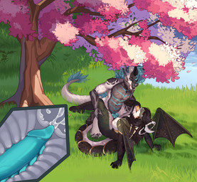anthro anthro_on_anthro anthro_penetrated anthro_penetrating anthro_penetrating_anthro areola black_hair blue_hair bodily_fluids breasts cherry_blossom cum cum_inside detailed_background duo ejaculation female female_penetrated flower genital_fluids genitals grass hair halo inflatable inner_tube knot long_tail looking_at_another looking_at_partner looking_pleasured male male/female male_penetrating male_penetrating_female nipples open_mouth outside penetration penis plant prunus_(flower) sex spread_wings tail tongue tongue_out tree wings yellow_tongue drkot mythology dragon mythological_creature mythological_scalie scalie absurd_res hi_res