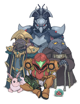 anthro arm_cannon armor beak cane clothing female group headgear helmet male red_eyes robe shoulder_pads simple_background varia_suit weapon wata-ridley metroid nintendo old_bird_(metroid) pyonchi quiet_robe raven_beak samus_aran alien avian chozo human mammal metroid_(species) hi_res