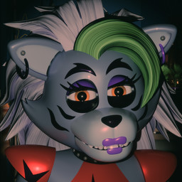 anthro collar ear_piercing ear_ring facial_markings female green_highlights happy head_markings highlights_(coloring) lipstick looking_at_viewer machine makeup markings on_model piercing purple_lipstick ring_piercing solo studded_collar studs anonamine five_nights_at_freddy's five_nights_at_freddy's:_security_breach scottgames steel_wool_studios roxanne_wolf animatronic canid canine canis mammal robot wolf 1:1 2026 3d_(artwork) blender_(artwork) bust_portrait digital_media_(artwork) hi_res icon portrait