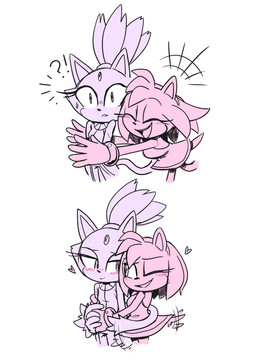 accessory anthro biped blush blush_lines bodily_fluids cheek_tuft clothed clothing dress duo eyes_closed facial_tuft female female/female forehead_gem gem gloves hair_accessory hair_tie hand_on_hand handwear heart_symbol hug interrobang motion_blur motion_lines one_eye_closed simple_background sweat sweatdrop tail tail_around_partner tail_coil tail_motion tailwag tuft white_background fuel_(artist) sega sonic_the_hedgehog_(series) amy_rose blaze_the_cat domestic_cat eulipotyphlan felid feline felis hedgehog mammal 2026 hi_res