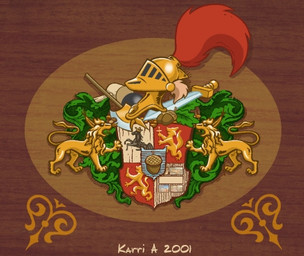 acorn ambiguous_gender anthro armor axe biped crest_(heraldry) duo feral food fruit headgear helmet leaf melee_weapon nut_(fruit) on_hind_legs plant quadruped shield sword symbol weapon karri_aronen equid equine felid horse lion mammal pantherine 2001 digital_media_(artwork) low_res