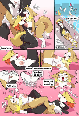 anthro areola biped black_body breasts dialogue female female/female fingering fingering_partner fur genitals heart_symbol kneeling looking_pleasured lying macro macro_female moan multicolored_body nipples on_back palmorph plap pokemorph sex sound_effects speech_bubble spread_legs spreading text thick_thighs tribadism vaginal vaginal_fingering vulva white_body fuf nintendo palworld pocketpair pokemon delphox generation_6_pokemon pal_(species) pokemon_(species) vixy_(pal) absurd_res comic english_text hi_res