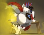 anthro big_butt butt fart fart_cloud fart_fetish hair huge_butt looking_back machine male nude simple_background smile solo tail thick_thighs wide_hips rikuaoshi sovereign_(shrugywugy) mammal protogen digital_media_(artwork) hi_res