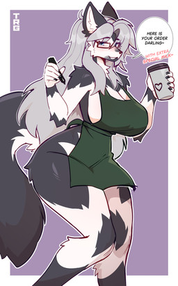 anthro barista biped blush breasts claws clothed clothed_anthro clothed_female clothing eyewear female fingers fur glasses hair looking_at_viewer simple_background smile solo standing tail teeth thericegoat canid canine canis mammal wolf absurd_res hi_res