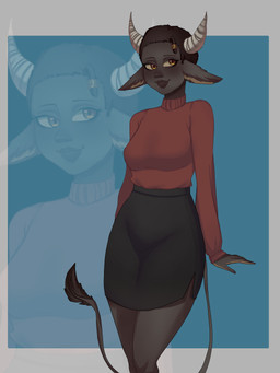 black_hair bottomwear breasts brown_body brown_lips clothed clothing dark_body dark_skin dreadlocks female hair horn lips medium_breasts pencil_skirt skirt solo sweater tail tail_tuft topwear tuft yawuarts animal_humanoid bison bovid bovid_humanoid bovine bovine_humanoid humanoid mammal mammal_humanoid 3:4 hi_res