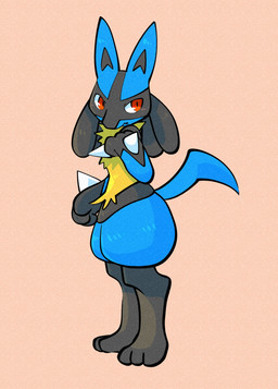 3_fingers 3_toes ambiguous_gender anthro black_inner_ear black_legs blue_body blue_ears blue_fur blue_tail blue_thighs blush blush_lines chest_spike digitigrade facial_markings fangs feet fingers fur gloves_(marking) hand_spike head_markings looking_away markings mask_(marking) mouth_closed pointed_tail pointy_ears red_eyes simple_background snout solo spikes spikes_(anatomy) standing tail tan_background tan_body tan_fur teeth toes white_sclera momensarada nintendo pokemon generation_4_pokemon lucario pokemon_(species) 2023 absurd_res full-length_portrait hi_res portrait