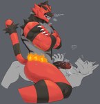 anthro duo erection fire genitals glans male muscular muscular_male nude penis sitting_on_another tail text vein veiny_penis mr_sharky nintendo pokemon felid generation_7_pokemon incineroar mammal pantherine pokemon_(species) absurd_res english_text hi_res