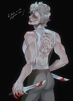 backless_clothing bare_back blood blood_on_face blood_on_mouth bodily_fluids butt dagger grin hair humanoid_pointy_ears male melee_weapon not_furry pointy_ears red_eyes scar smile solo weapon white_hair shnjkkr baldur's_gate baldur's_gate_3 bioware dungeons_and_dragons electronic_arts hasbro larian_studios wizards_of_the_coast astarion_(baldur's_gate) elf humanoid vampire