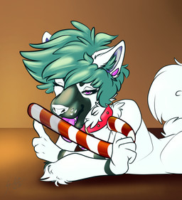 anthro arm_tuft bedroom_eyes candy candy_cane collar collar_only collar_tag curled_tail dessert ear_piercing elbow_tuft eyelashes flesh_tunnel fluffy fluffy_hair fluffy_tail food fur gauged_ear green_hair hair licking male narrowed_eyes neck_tuft nipple_piercing nipples nude one_eye_closed piercing pink_eyes power_bottom seductive slightly_chubby solo stripper studded_collar studs tail teeth thick_eyelashes tongue tongue_out tongue_piercing tuft white_body white_fur wink monsters_and_mutants pj_(monsters_and_mutants) canid canine canis domestic_dog humanoid husky mammal nordic_sled_dog spitz absurd_res hi_res