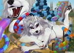 amusement_park anthro breasts butt clothed clothing destruction duo female female_pred fur hair imminent_vore macro male male_prey open_mouth outside patreon_logo pawpads red_eyes ruins sharp_teeth teeth topless underpaw water_park white_body white_fur holt-odium patreon canid canine canis mammal wolf 2022 artist_name hi_res