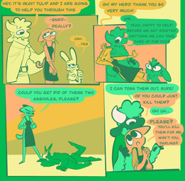 angry anthro bodily_fluids comforting dialogue female kick male profanity speech_bubble swoon tears text vanilla_candy unicorn_blood_(comic) marigold_(unicorn_blood) saffron_(unicorn_blood) tulip_(unicorn_blood) bovid caprine domestic_cat felid feline felis lagomorph mammal sheep absurd_res comic english_text hi_res restricted_palette
