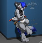 anthro blush bodily_fluids canid canine canis catmonkshiro clean_diaper clothed clothing desperation detailed_background diaper embarrassed english_text exposed_diaper fart gun_holster hands_on_belly hi_res male mammal omorashi shaking solo sweat text trembling wearing_diaper wolf