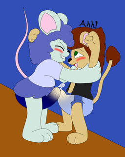 3_toes 4_fingers abdl androgynous anthro aroused aroused_male barefoot big_diaper bite biting_lip black_clothing black_nose black_shirt black_topwear blue_bottomwear blue_clothing blue_diaper blue_hair blue_miniskirt blue_pull-ups blue_shirt blue_skirt blue_t-shirt blue_topwear blue_wall blush bodily_fluids bottomwear brown_floor brown_hair brown_mane brown_tail brown_tail_tip brown_tail_tuft brown_tuft bulge bulge_frottage bulging_diaper clean_diaper clenched_teeth closed_smile clothed clothing crossdressing cum cum_in_diaper curly_hair detailed_background diaper diaper_bulge diaper_fetish diaper_frottage diaper_grinding diaper_humping diaper_sex diaper_under_clothing diaper_under_skirt dipstick_tail dominant dominant_anthro dominant_nonbinary dry_humping duo erection erection_in_diaper exposed_belly exposed_diaper eyebrow_through_hair eyebrow_through_mane eyebrows eyes_closed feet feline_ears feline_tail femboy fingers floor frottage fur fur_tuft furless_tail genital_fluids girly_dominant glistening glistening_bodily_fluids glistening_cum glistening_genital_fluids green_arms green_body green_ears green_eyes green_face green_feet green_fur green_hands green_legs green_paws green_snout grinding hair handpaw hindpaw holding_arm holding_head humping lion_ears long_tail looking_pleasured male male/nonbinary mane mane_hair markings messy_hair messy_mane miniskirt moan mouse_ears mouse_tail mouth_closed multicolored_body multicolored_ears multicolored_fur multicolored_tail open_clothing open_mouth open_shirt open_smile open_topwear orgasm orgasm_face pantsless pantsless_anthro pantsless_male partially_clothed partially_clothed_anthro partially_clothed_male paws penile penises_touching pink_inner_ear pink_tail pull-ups_(diaper) quivering_lips quivering_mouth raised_arm raised_tail rodent_ears rodent_tail sandy_fur sex shirt short_sleeved_shirt short_sleeves shoulder_length_hair skirt skirt_aside smile standing standing_sex stroking_chin submissive submissive_anthro submissive_male t-shirt tail tail_markings tail_tuft tan_arms tan_body tan_ears tan_face tan_feet tan_fur tan_hands tan_legs tan_paws tan_snout tan_stomach tan_tail tan_torso teeth tenting toes topwear translucent translucent_hair tuft unclean_diaper wall_(structure) wavy_hair wavy_mouth wearing_diaper agumonofalchemy evander_rex hal_cotta felid lion mammal mouse murid murine pantherine rodent colored digital_drawing_(artwork) digital_media_(artwork) hi_res nonbinary_(lore)