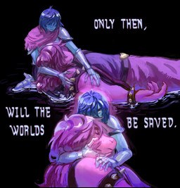5_fingers anthro armor black_background blue_body blue_hair blue_skin bodily_fluids bracelet clothing crying death duo eyes_closed female female_anthro fingers hair hair_over_eye hair_over_eyes holding_another jewelry kneeling larger_female lying male male_human mourning on_back purple_body purple_clothing purple_hair purple_scales red_eyes sacrifice sad scales shallow_water simple_background size_difference smaller_male snout spiked_bracelet spikes tears text colicolicolicoli deltarune mythology undertale_(series) kris_dreemurr susie_(deltarune) dragon human mammal mythological_creature mythological_scalie scalie 2025 digital_media_(artwork) digital_painting_(artwork) english_text hi_res painting_(artwork) nonbinary_(lore)