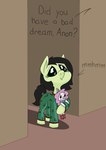 big_eyes black_hair clothing clown doll doorway dream female feral green_body green_eyes hair holding_doll offscreen_character pajamas phone_drawing solo standing young young_female young_feral happy_harvey hasbro my_little_pony filly_anon jingle_(mt) earth_pony equid equine horse mammal pony hi_res