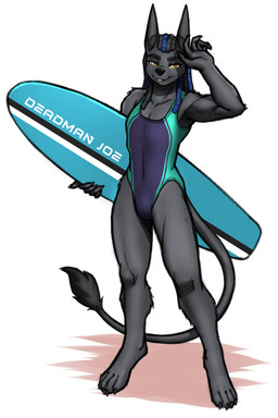 anthro black_hair blue_hair bulge clothed clothing crossdressing dreadlocks eyebrows fur grey_body grey_fur hair looking_at_viewer male one-piece_swimsuit solo surfboard swimwear tail tail_tuft tuft yellow_eyes mykegreywolf deadman_joe_velasquez anubian_jackal canid canine canis jackal mammal 2023 2:3 absurd_res hi_res