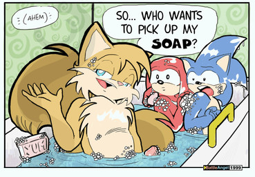 anthro bath bathing blue_body blue_eyes dialogue erection genitals group male open_mouth penis soap text water battle_angel sega sonic_the_hedgehog_(series) knuckles_the_echidna miles_prower sonic_the_hedgehog canid canine fox mammal unknown_species 1999 english_text