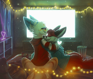 anthro black_nose blue_body blue_ears blue_fur cheek_tuft clothing duo eyes_closed facial_tuft food fur furniture hug male markings multi_tail orange_body orange_fur popcorn red_body red_fur sitting smile string_lights tail tuft watching_movie yellow_body yellow_fur fox4friends ultimathule vulfe_(hackencraft) xemkiy_(character) canid canine fox fox_spirit mammal 2d_animation animated